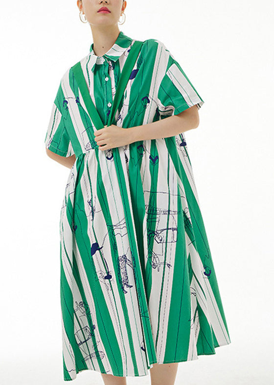 Green Striped Patchwork Button Cotton Long Dress Short Sleeve