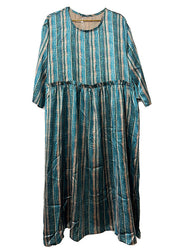 Green Striped Silk Party Dress Oversized Ruffled Fall