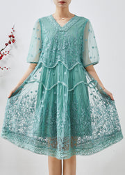 Green Tulle Dress V Neck Embroidered Summer