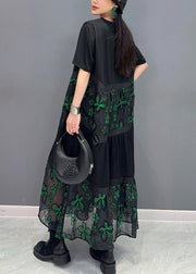 Green Tulle Patchwork Cotton Long Dresses O Neck Short Sleeve