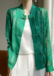 Green Tulle UPF 50+ Top Embroideried Chinese Button Fall