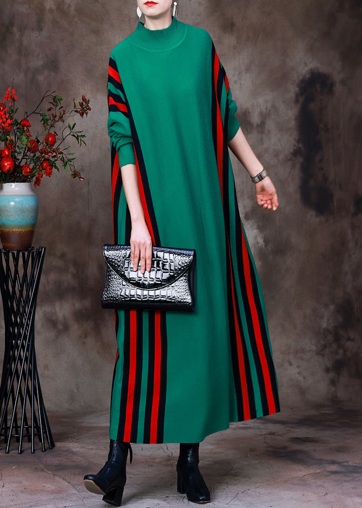 Green Turtleneck Striped Patchwork Knit Long Sweater Dress Long Sleeve