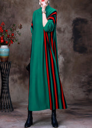 Green Turtleneck Striped Patchwork Knit Long Sweater Dress Long Sleeve