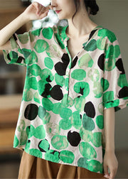 Green V Neck Button Cotton Top Half Sleeve