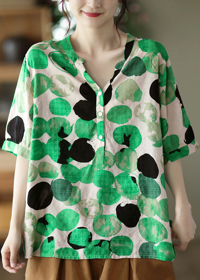 Green V Neck Button Cotton Top Half Sleeve