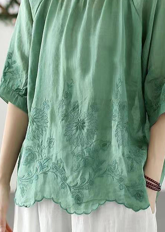 Green Versatile Linen T Shirts Ruffled Embroideried Half Sleeve