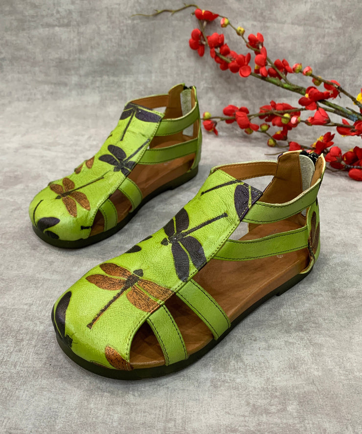 Green Walking Sandals Cowhide Leather Comfortable Splicing Hollow Out