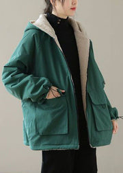 Green Warm Cotton Hooded Loose Coats Fuzzy Wool Lined Zip Up Winter