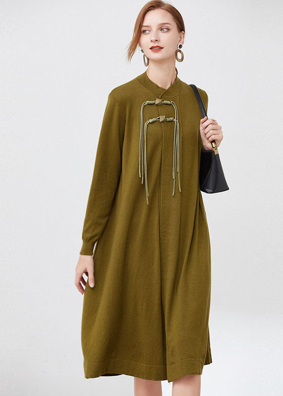 Green Wool Knit Long Dresses Stand Collar Tassel Long Sleeve