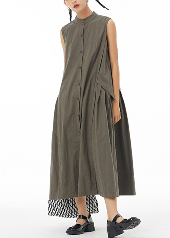 Green Wrinkled Solid Long Shirt Dress Sleeveless