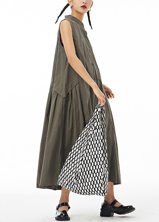 Green Wrinkled Solid Long Shirt Dress Sleeveless