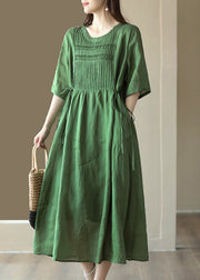 Green Wrinkled Tie Waist Linen Maxi Dress Short Sleeve