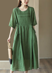 Green Wrinkled Tie Waist Linen Maxi Dress Short Sleeve