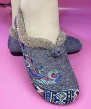 Grey Blue Flats Warm Fuzzy Wool Lined Splicing Embroidery