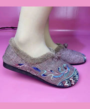 Grey Blue Flats Warm Fuzzy Wool Lined Splicing Embroidery