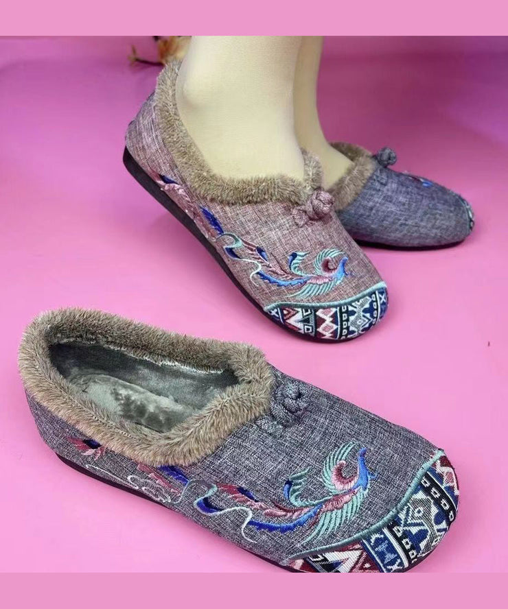 Grey Blue Flats Warm Fuzzy Wool Lined Splicing Embroidery