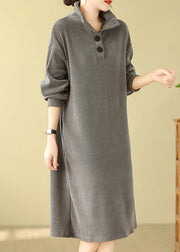 Grey Button Plus Size Simple Corduroy Mid Dress Hign Neck Fall