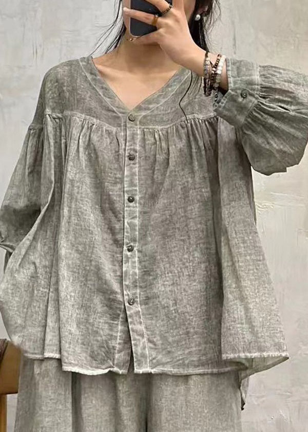 Grey Button Solid Cotton Blouses V Neck Long Sleeve