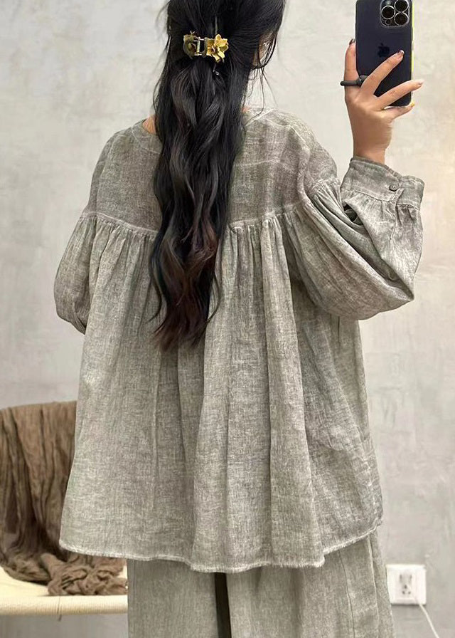 Grey Button Solid Cotton Blouses V Neck Long Sleeve