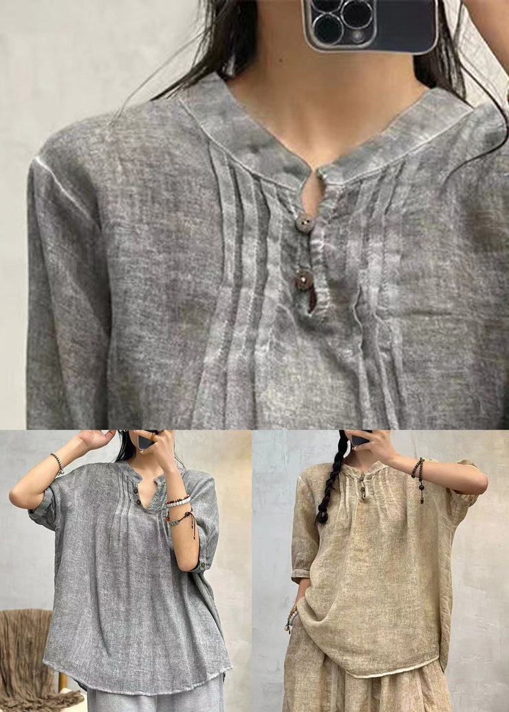 Grey Button Solid Cotton Shirts Stand Collar Half Sleeve