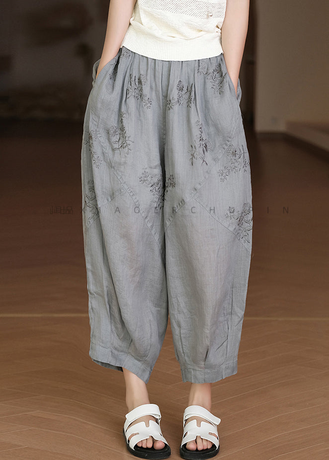 Grey Elastic Waist Linen Crop Pants Embroidered Summer