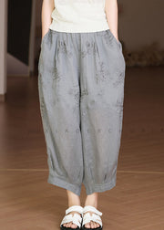 Grey Elastic Waist Linen Crop Pants Embroidered Summer