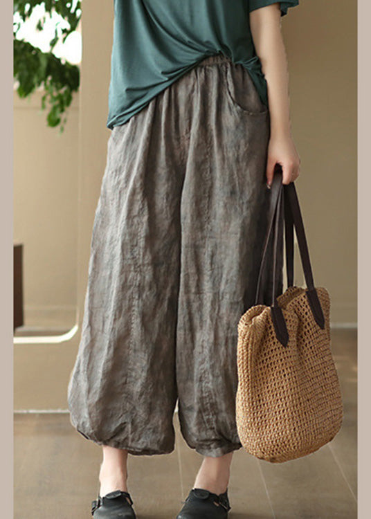 Grey Elastic Waist Solid Ramie Lantern Pants