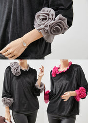 Grey Floral Silk Velour Shirt Top Ruffled Spring