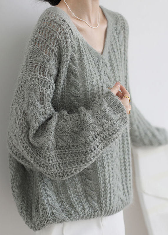 Grey Green Ma Hai mao Cable Knit Sweaters Hollow Out Spring