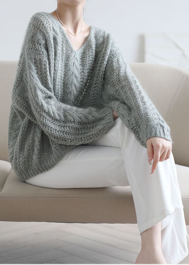 Grey Green Ma Hai mao Cable Knit Sweaters Hollow Out Spring