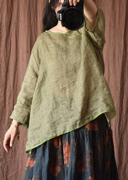 Grey Green V Neck Low High Design Linen Top Long Sleeve