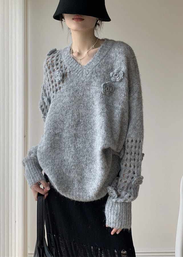 Grey Hollow Out Cozy Cotton Knit Winter Sweater V Neck