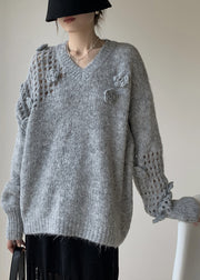 Grey Hollow Out Cozy Cotton Knit Winter Sweater V Neck