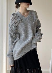 Grey Hollow Out Cozy Cotton Knit Winter Sweater V Neck