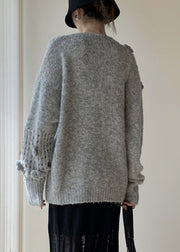 Grey Hollow Out Cozy Cotton Knit Winter Sweater V Neck