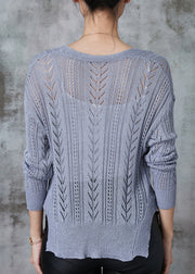 Grey Hollow Out Knit Cardigans V Neck Spring