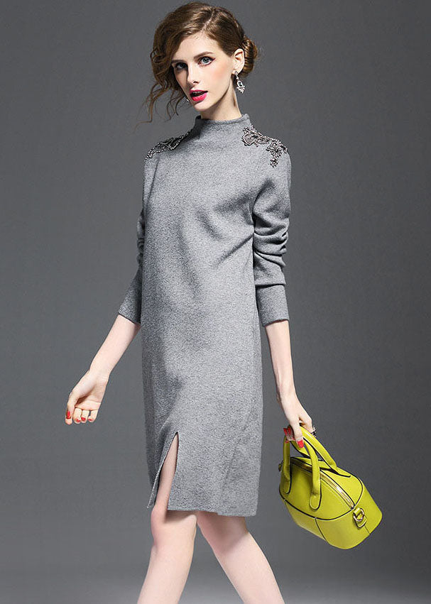 Grey Knit Sweater Dress Turtle Neck Nail Bead Side Open Long Sleeve