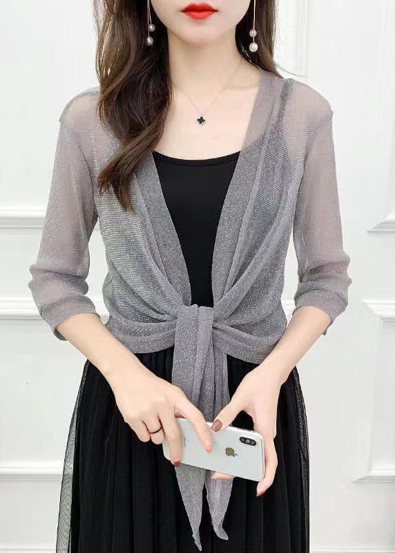 Grey Lace Up Tulle Cardigan V Neck Half Sleeve