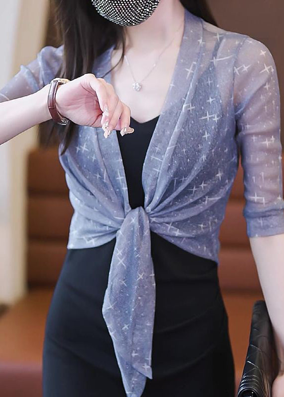 Grey Lace Up Tulle Thin Cardigan V Neck Half Sleeve