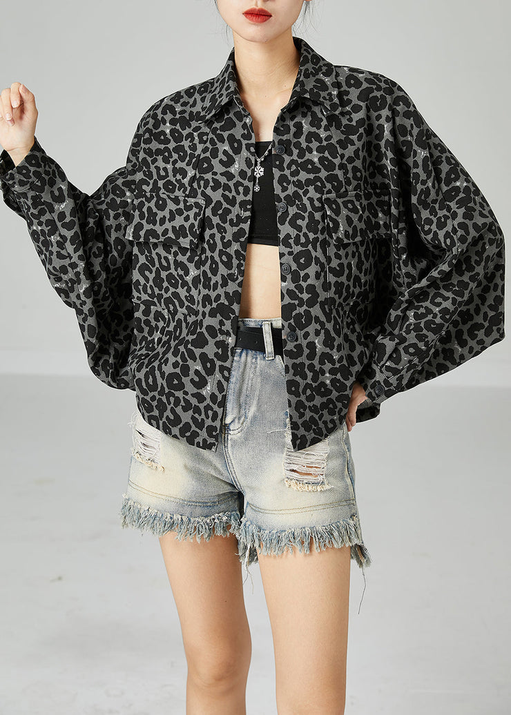 Grey Leopard Print Cotton Coats Peter Pan Collar Pocket Batwing Sleeve