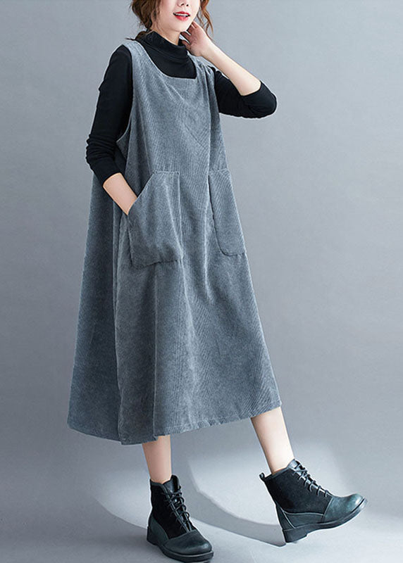 Grey O-Neck Corduroy Long Sweatshirts Dress Fall