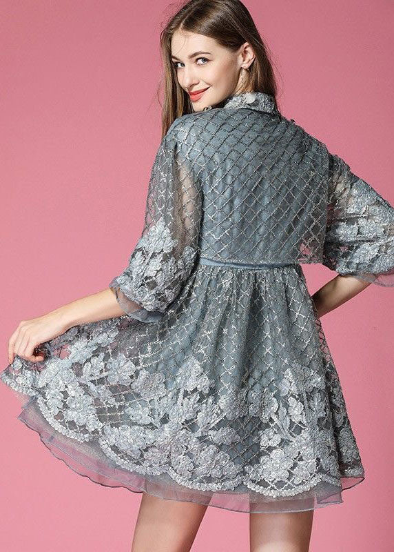 Grey Organza Vacation Dress Embroideried Hollow Out Spring