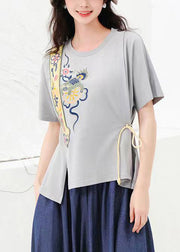 Grey Original Design Cotton T Shirt O Neck Embroideried Summer