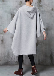 Grey Oversized Cotton Sweatshirts Dress Hooded Batwing Sleeve