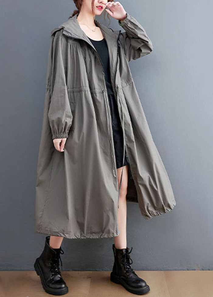 Grey Oversized Cotton Trench Coat Hooded Drawstring Spring