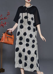 Grey Patchwork Chiffon Dress Mandarin Collar Print Summer