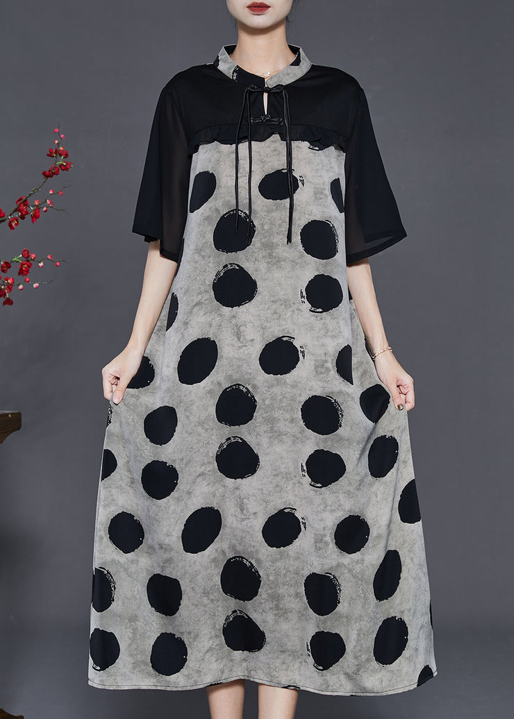 Grey Patchwork Chiffon Dress Mandarin Collar Print Summer