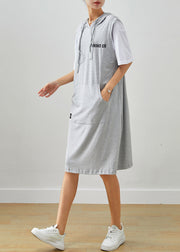 Grey Patchwork Cotton Fake Two Piece Sweatshirts Dress Drawstring Summer