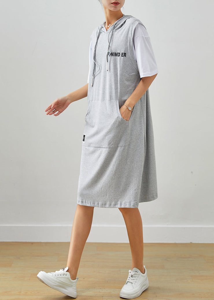 Grey Patchwork Cotton Fake Two Piece Sweatshirts Dress Drawstring Summer