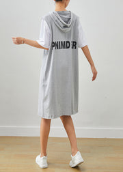 Grey Patchwork Cotton Fake Two Piece Sweatshirts Dress Drawstring Summer